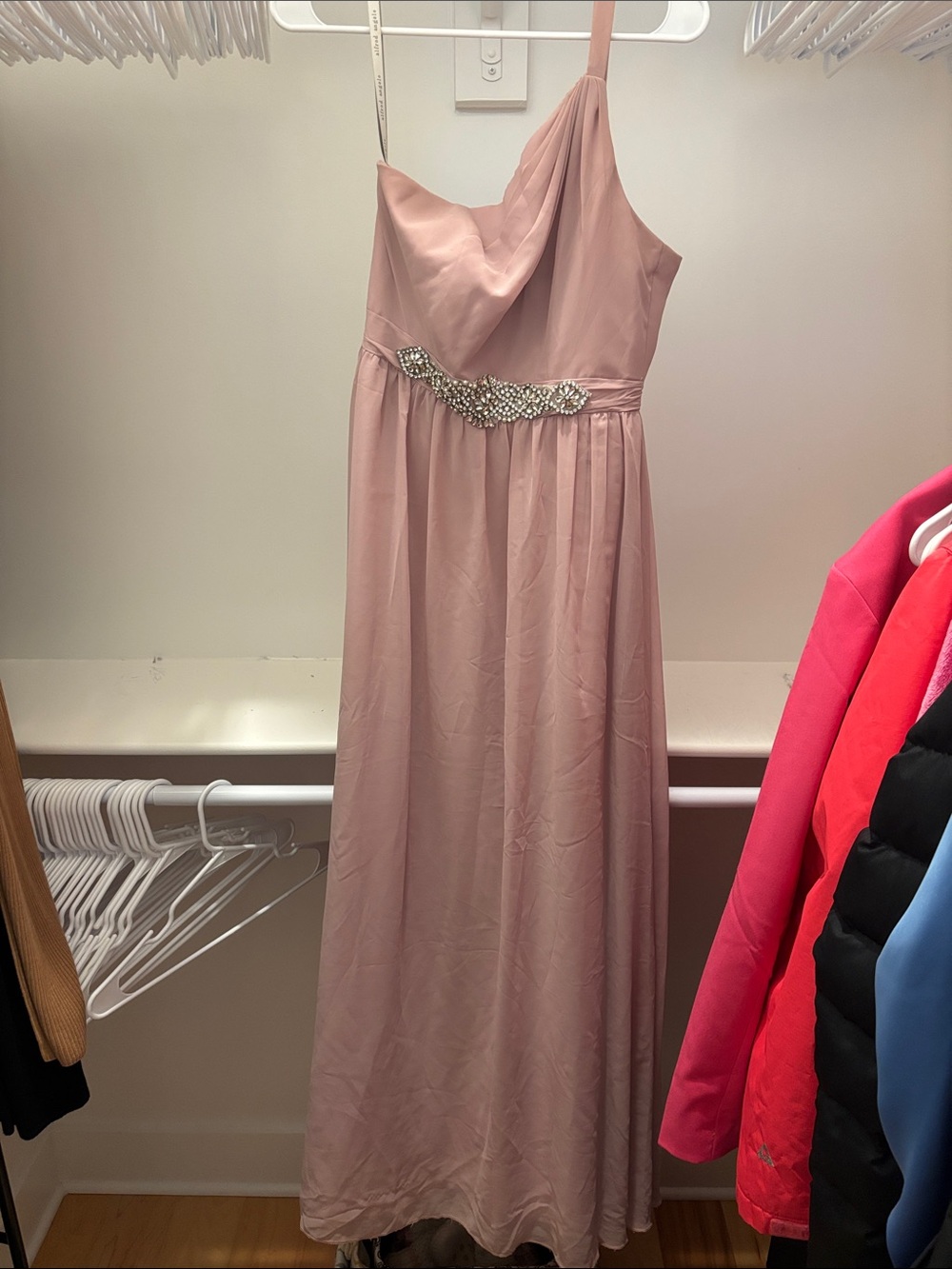 Bridesmaid One-Shoulder Dusty Rose Evening Gown with Beaded Waist